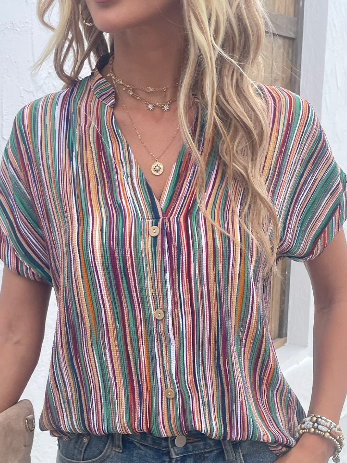 Striped Notched Short Sleeve Blouse Trendsi