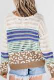 Leopard Striped Round Neck Crochet Knit Top - Trendsi