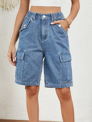 Buttoned Elastic Waist Denim Shorts with Pockets - Trendsi