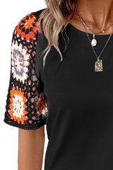 Geometric Round Neck Short Sleeve Blouse Trendsi