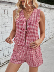 Lovelet Tied Plaid V-Neck Vest and Shorts Set - Trendsi