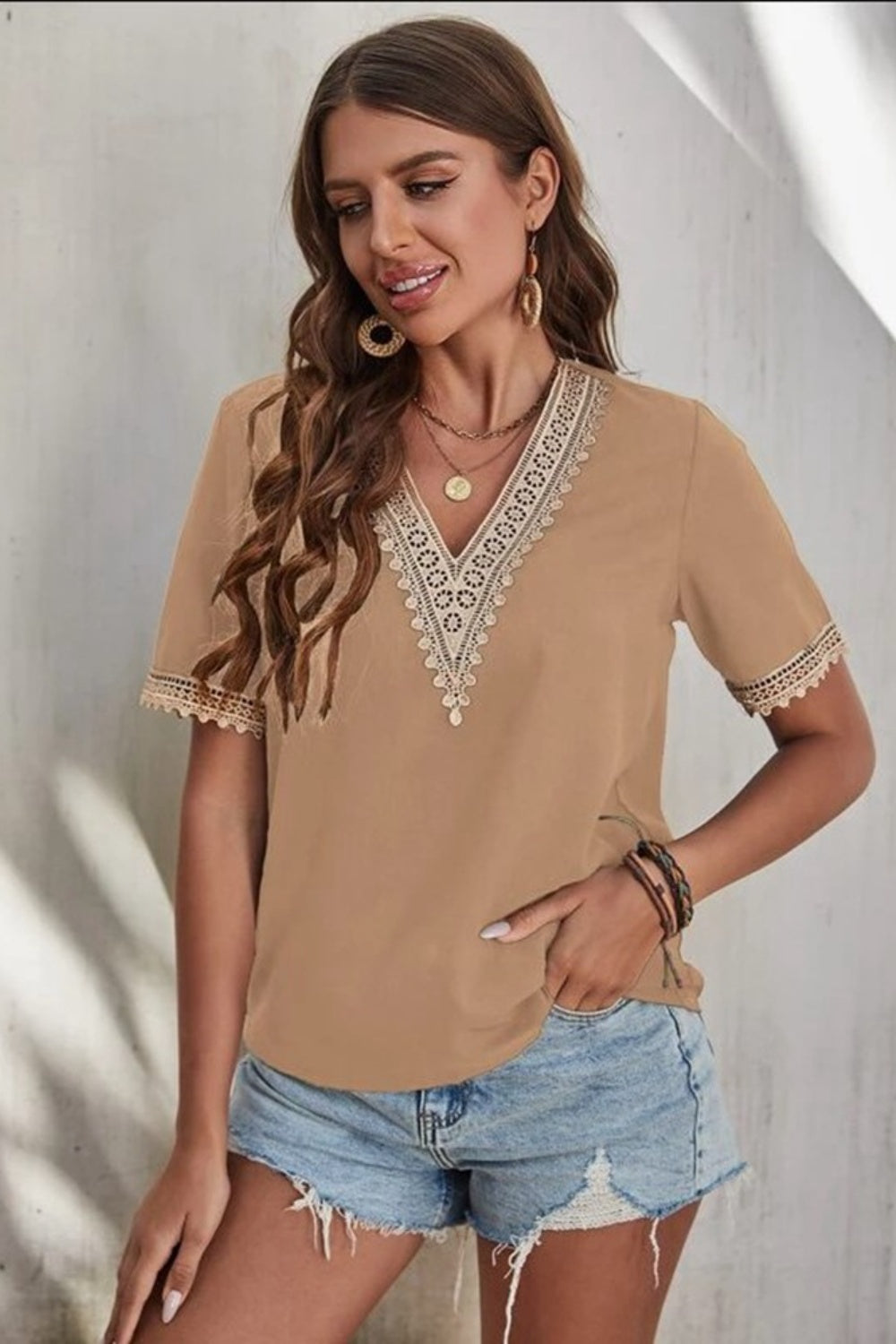 Full Size Lace Detail V-Neck Short Sleeve Blouse Trendsi