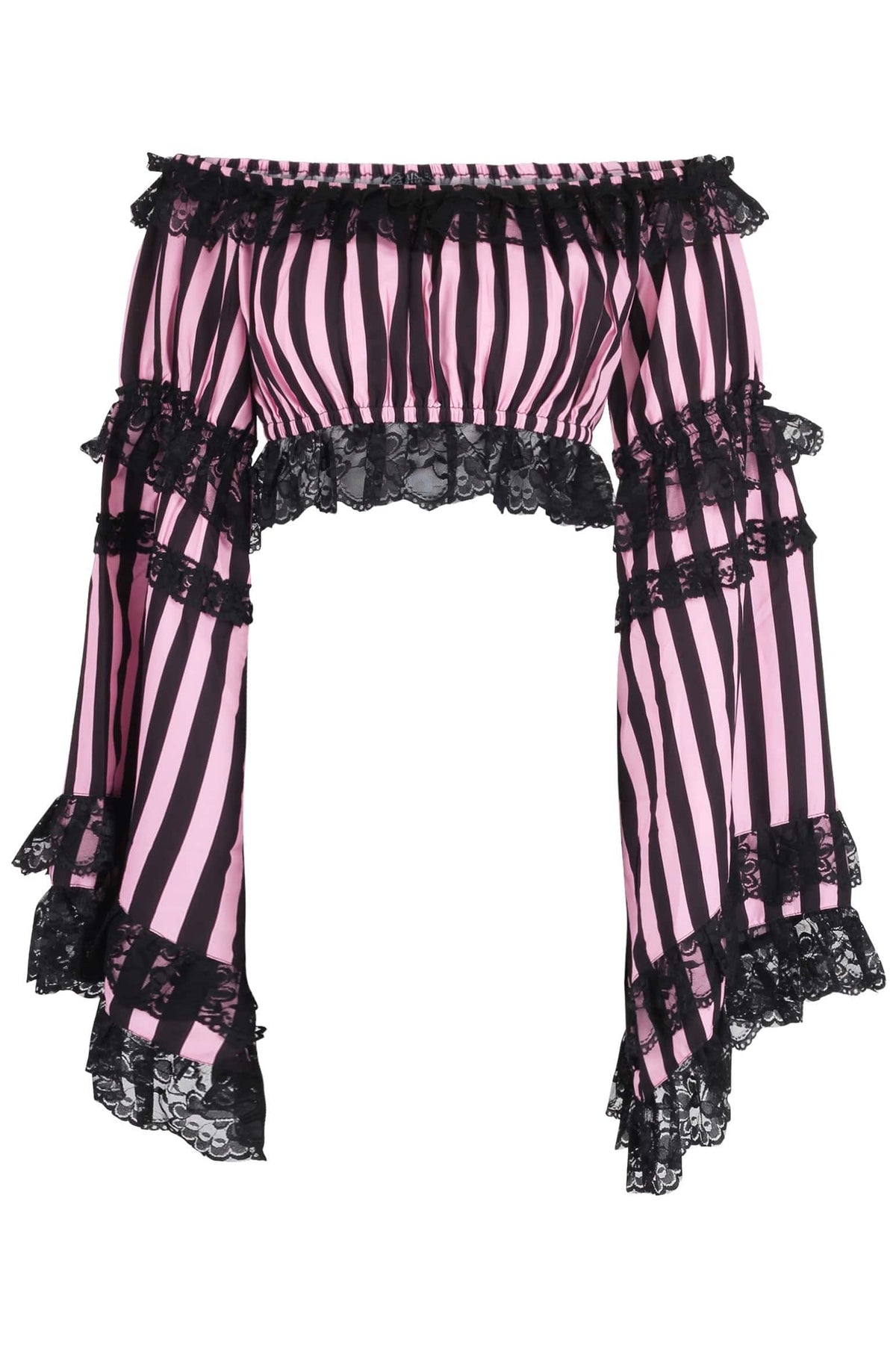 Daisy Corsets Black/Pink Striped Smocked Flare Sleeve Peasant Top - Daisy Corsets