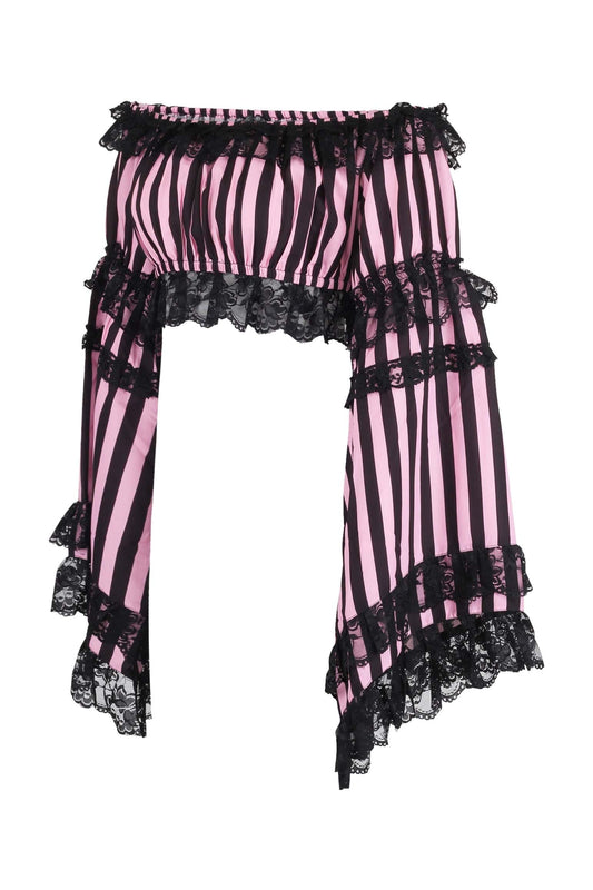 Daisy Corsets Black/Pink Striped Smocked Flare Sleeve Peasant Top