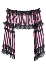 Daisy Corsets Black/Pink Striped Smocked Flare Sleeve Peasant Top