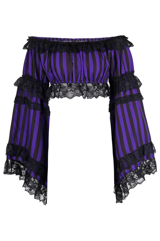 Daisy Corsets Black/Purple Striped Smocked Flare Sleeve Peasant Top