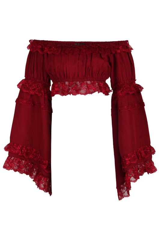 Daisy Corsets Dark Red Smocked Flare Sleeve Peasant Top