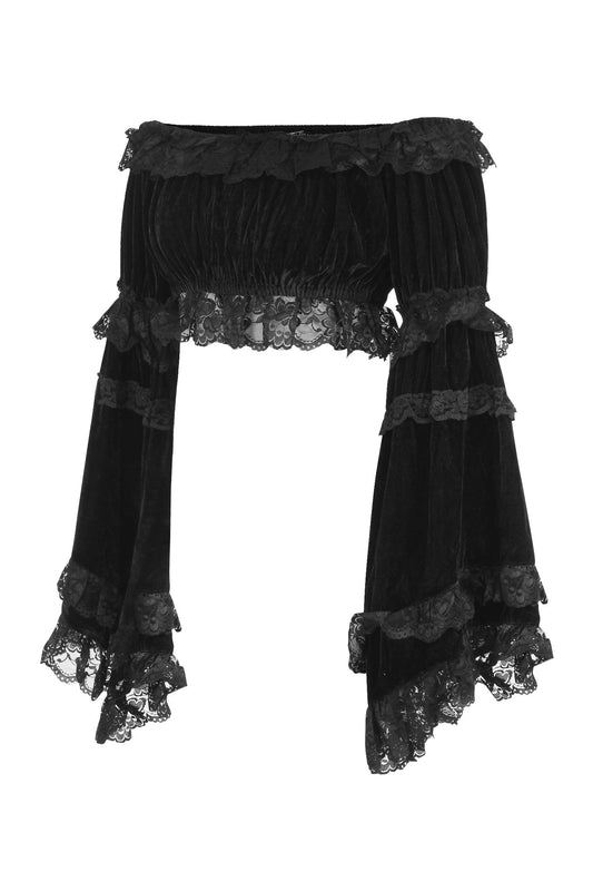 Daisy Corsets Black Velvet Smocked Flare Sleeve Peasant Top