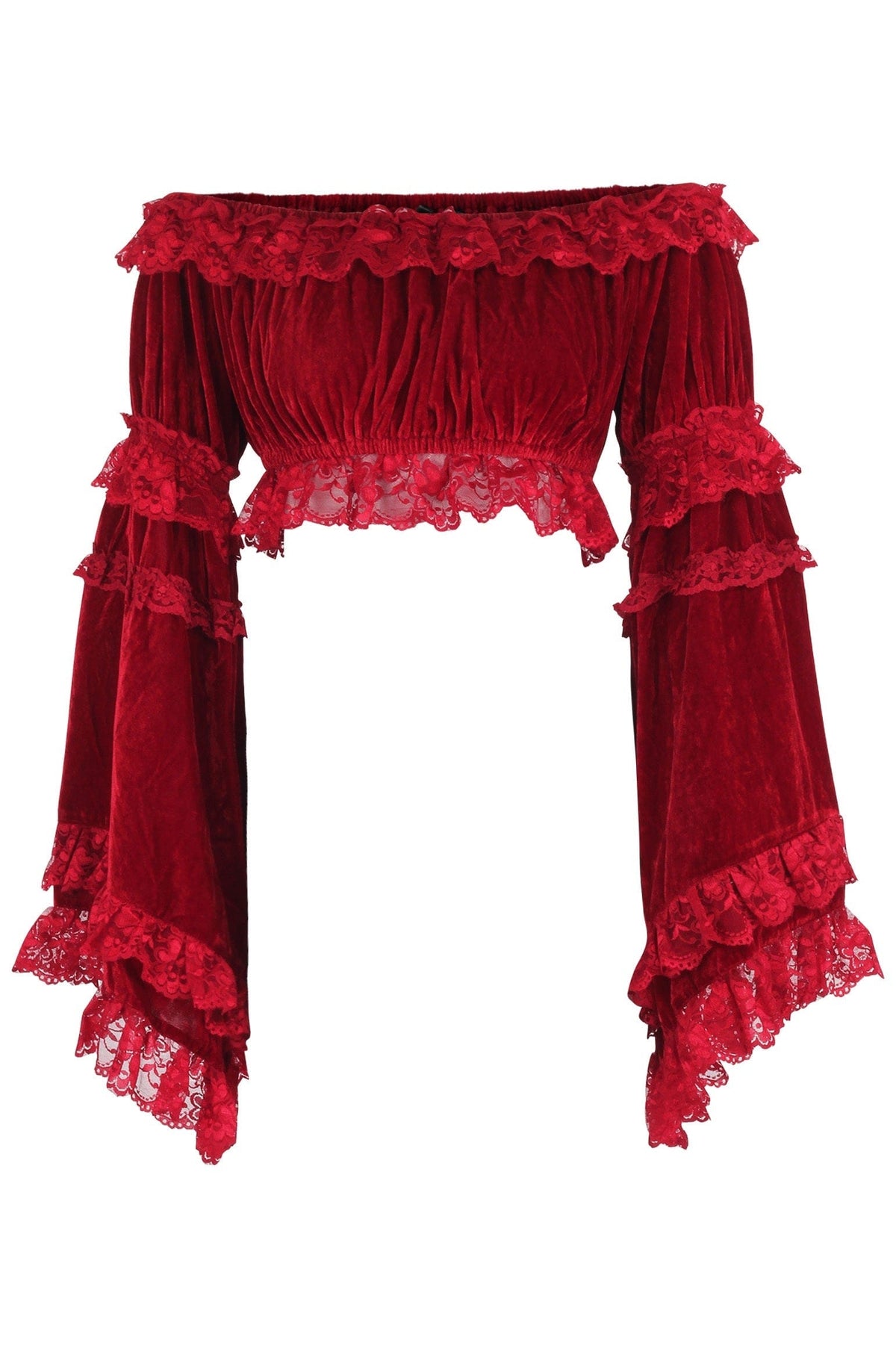 Daisy Corsets Dark Red Velvet Smocked Flare Sleeve Peasant Top - Daisy Corsets