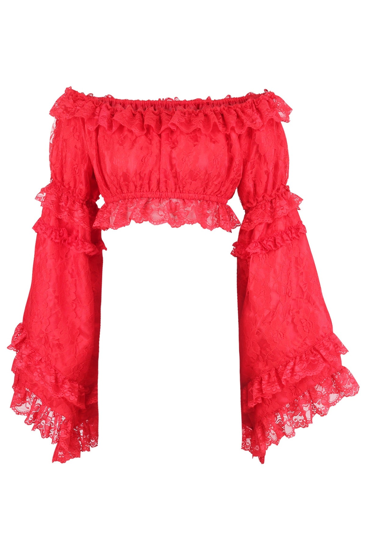 Daisy Corsets Red Lace Smocked Flare Sleeve Peasant Top