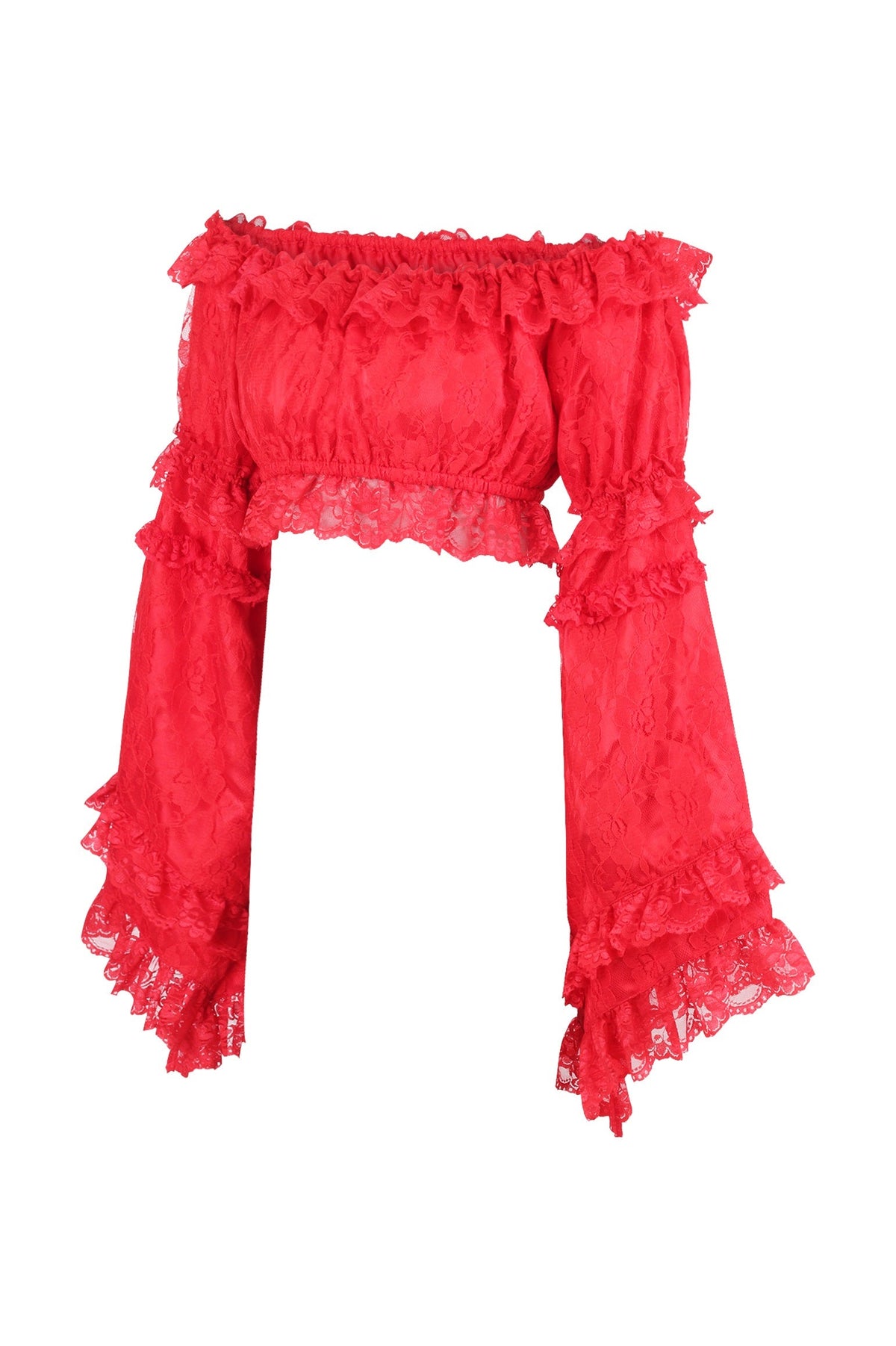 Daisy Corsets Red Lace Smocked Flare Sleeve Peasant Top