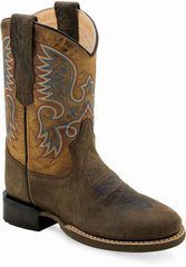 Old West Dark Brown Bull Hide Print Foot Burnt Brown Shaft Youth's Broad Round Toe Boots - Old West