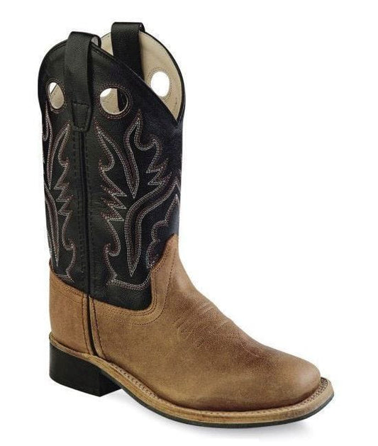 Old West Light Brown foot Black shaft Youth's Broad Square Toe Boots - Old West