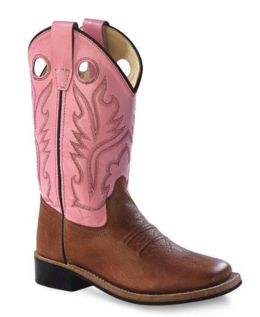 Old West Tan Canyon foot Pink shaft Children's Broad Square Toe Boots - Flyclothing LLC