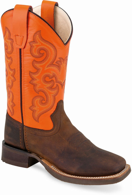 Old West Brown Foot Neon Orange Shaft Youth's Broad Square Round Toe Boots - Flyclothing LLC