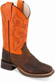 Old West Brown Foot Neon Orange Shaft Youth's Broad Square Round Toe Boots - Flyclothing LLC