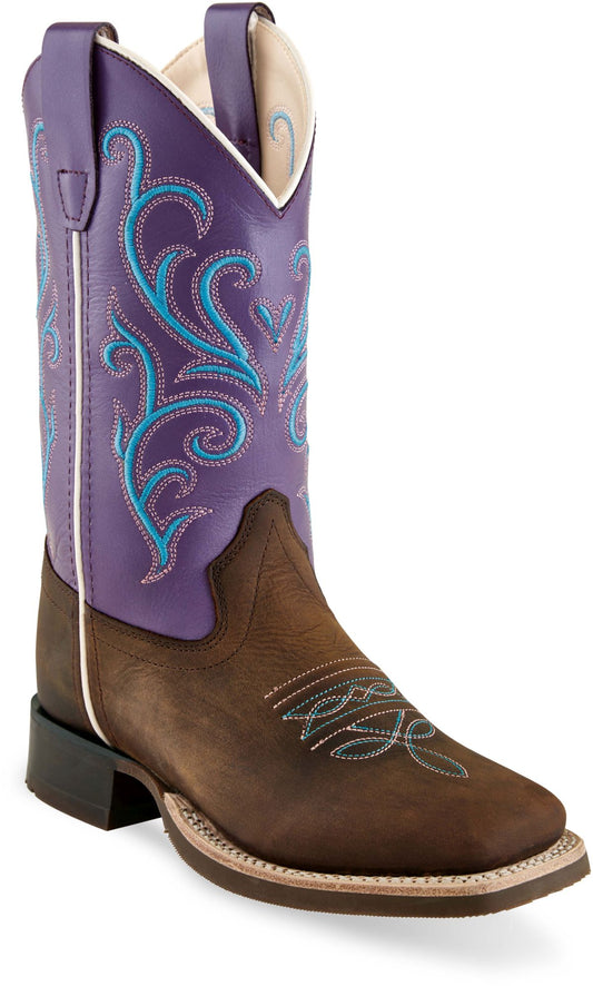 Old West Brown Foot Purple Shaft Youth's Broad Square Toe Boots - Flyclothing LLC