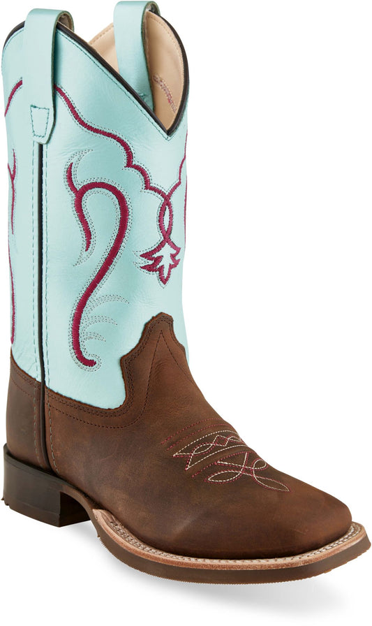 Old West Brown foot Silver Light Blue shaft Children’s Broad Square Toe Boots - Flyclothing LLC