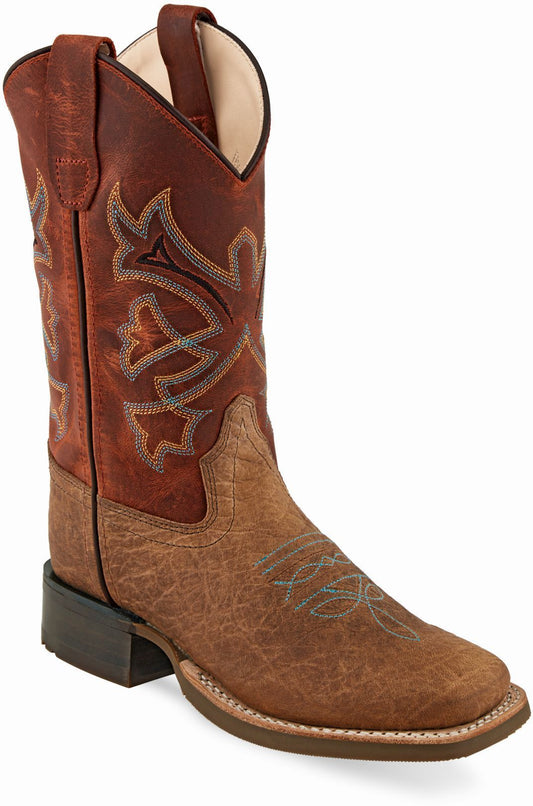 Old West Brown Bull Hide Print Foot Burnt Red Waxy Shaft Youth's Broad Square Toe Boots - Flyclothing LLC