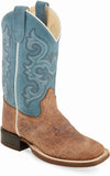 Old West Brown Bull Hide Print Foot Sky Blue Suede Shaft Youth's Broad Square Toe Boots - Flyclothing LLC