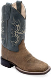 Old West Brown Bull Hide Print Foot Pillow Blue Shaft YOUTH'S BROAD SQUARE TOE BOOTS - Flyclothing LLC