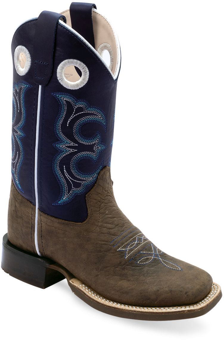 Old West Dark Brown Bull Hide Print Foot Midnight Blue Shaft YOUTH'S BROAD SQUARE TOE BOOTS - Flyclothing LLC