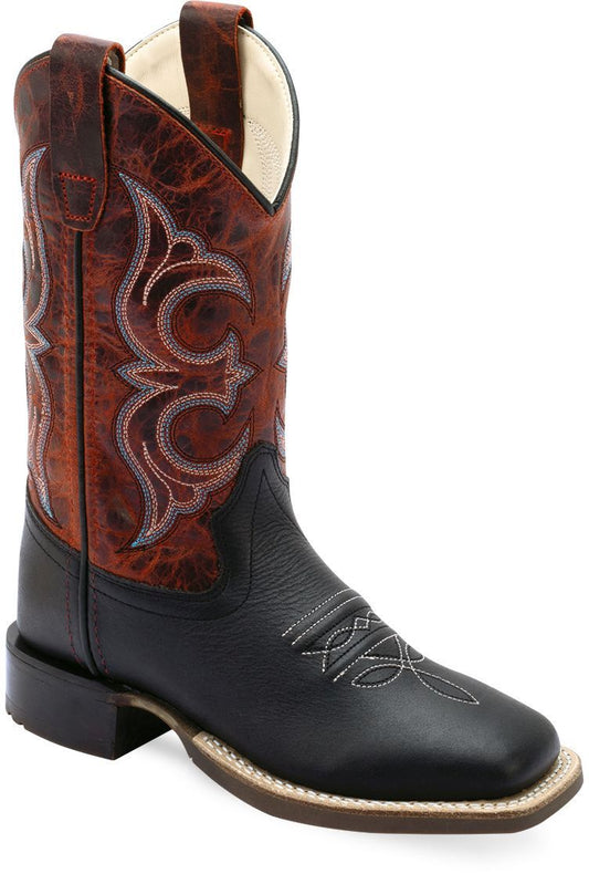 Old West Black Foot Burnt Red Shaft YOUTH'S BROAD SQUARE TOE BOOTS - Flyclothing LLC