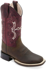 Old West Brown Foot Cloudy Burgundy Shaft YOUTH'S BROAD SQUARE TOE BOOTS - Old West