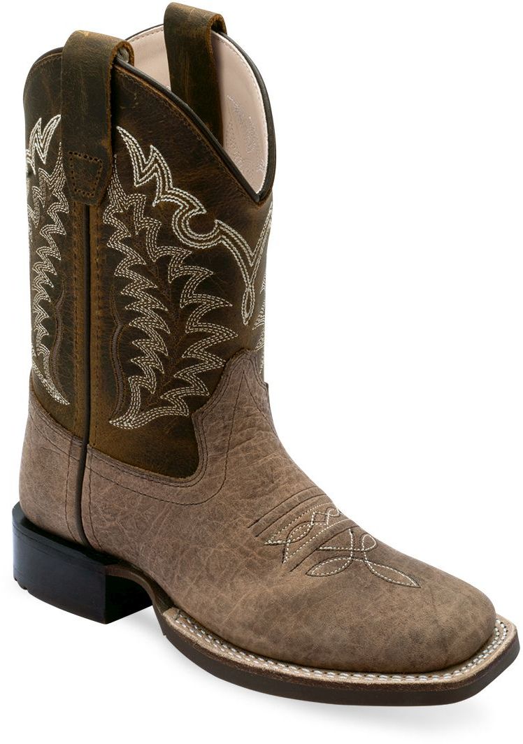 Old West Brown Bull Hide Print Foot Rugby Mustard Shaft YOUTH'S BROAD SQUARE TOE BOOTS - Flyclothing LLC