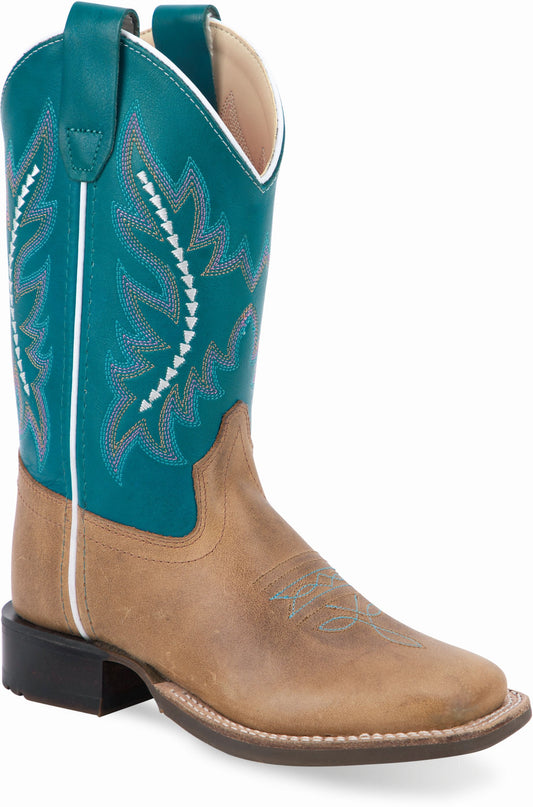 Old West Light Brown Foot Antique Polish Turquoise Shaft Youth's Broad Square Toe Boots - Flyclothing LLC