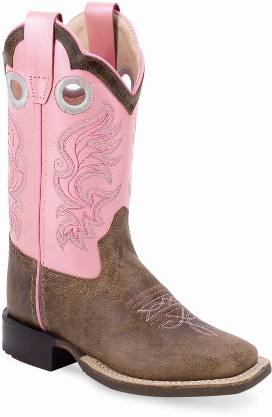 Old West Olive Blister Foot Metallic Pink Shaft with Olive Blister Collar Youth's Broad Square Toe Boots - Old West