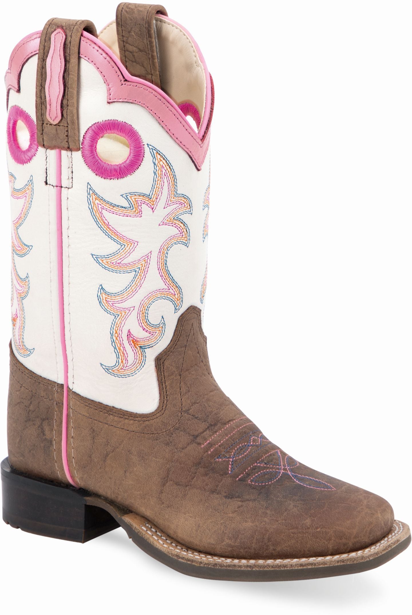 Old West Brown Bull Hide Print Foot White Shaft with Pink Collar Youth's Broad Square Toe Boots - Flyclothing LLC