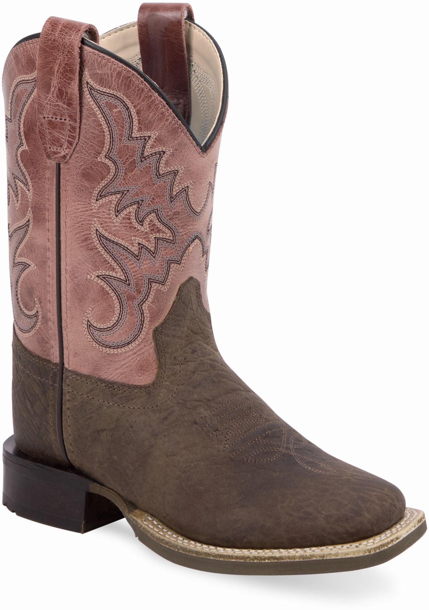 Old West Dark Brown Bull Hide Print Foot Light Pink Cactus Shaft Youth's Broad Square Toe Boots - Flyclothing LLC