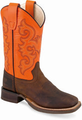 Old West Brown Foot Neon Orange Shaft Children's Broad Square Toe Boots - Old West