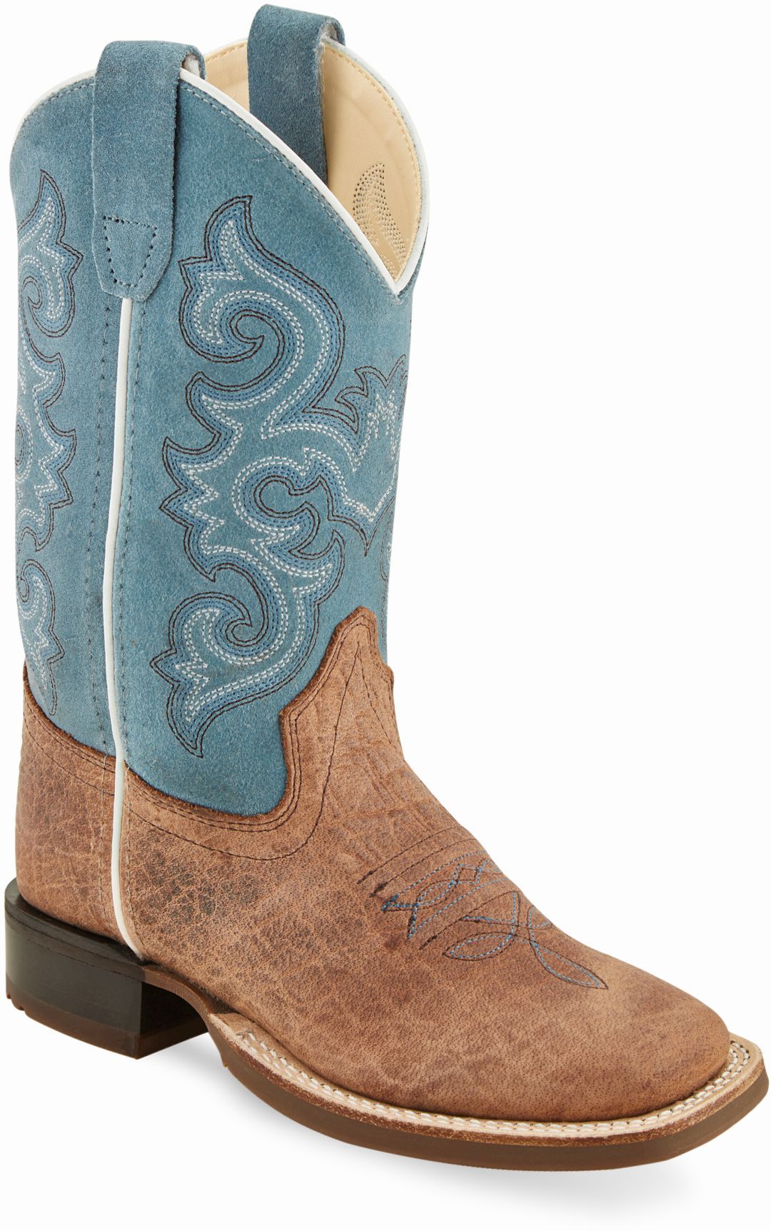 Old West Brown Bull Hide Print Foot Sky Blue Suede Shaft Children's Broad Square Toe Boots