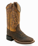 Old West Dark Brown Bull Hide Print Foot Burnt Brown Shaft Children's Broad Square Toe Boots