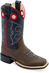 Old West Dark Brown Bull Hide Print Foot Cactus Navy Shaft CHILDREN'S BROAD SQUARE TOE BOOTS - Old West