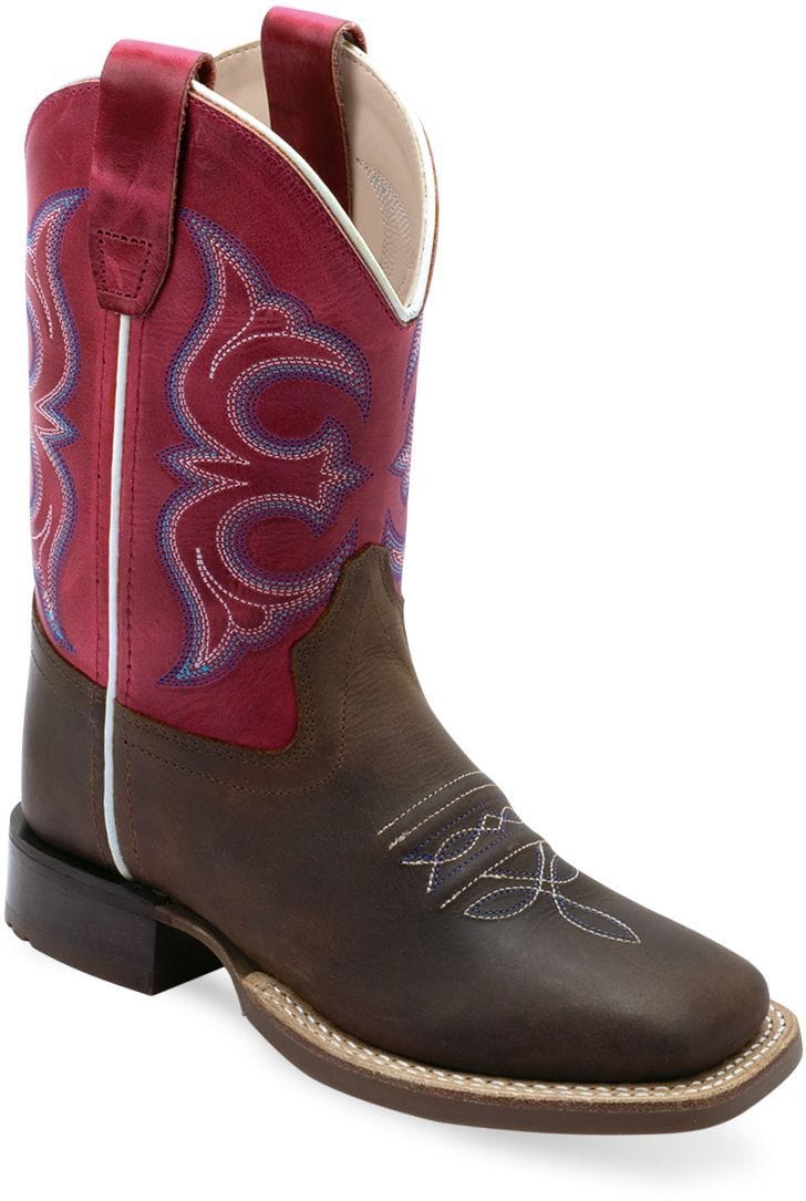 Old West Brown Foot Fuchsia Waxy Shaft CHILDREN'S BROAD SQUARE TOE BOOTS