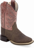 Old West Dark Brown Bull Hide Print Foot Light Pink Cactus Shaft Children's Broad Square Toe Boots