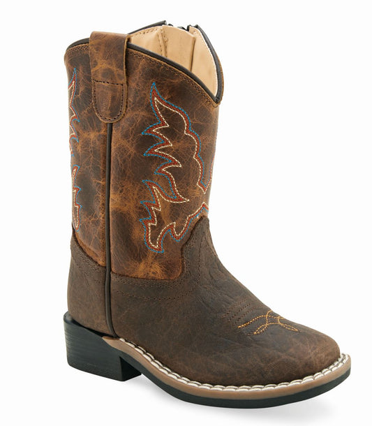 Old West Toddler Dark Brown Bull Hide Print Foot / Burnt Brown Shaft Boot BSI1955 - Old West