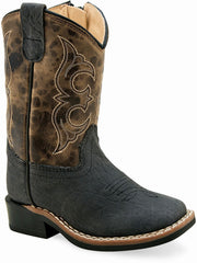 Old West Black Bull Hide Print Foot Cactus Brown Shaft Toddler's Broad Square Toe Boots - Old West