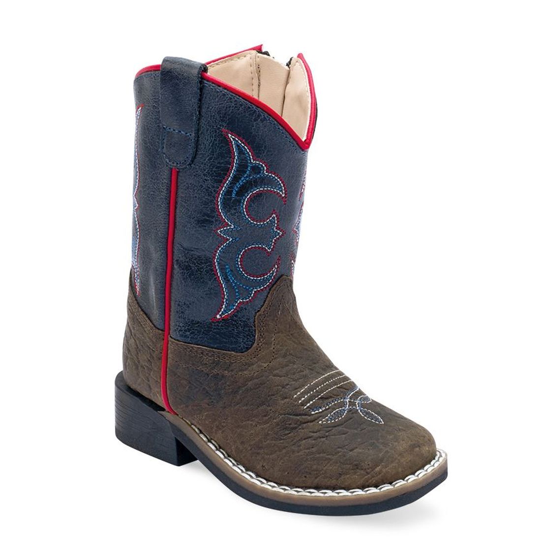 Old West Toddlers Dark Brown Bull Hide Print Foot / Cactus Navy Shaft Boot BSI1969 - Old West