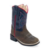 Old West Toddlers Dark Brown Bull Hide Print Foot / Cactus Navy Shaft Boot BSI1969