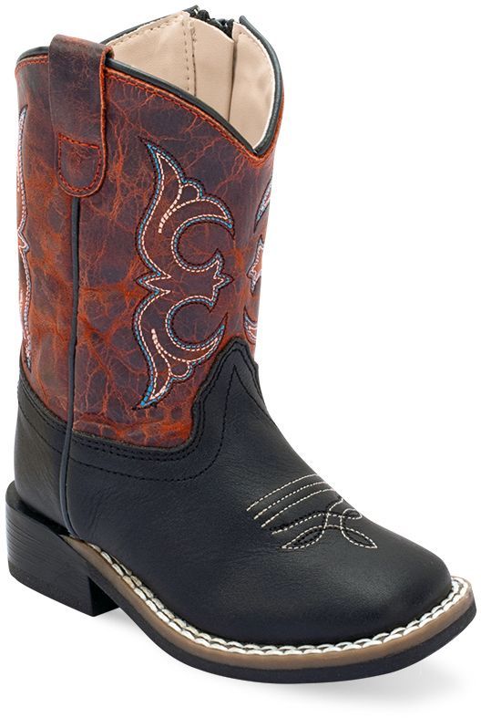 Old West Black Foot Burnt Red Shaft TODDLER'S BROAD SQUARE TOE BOOTS