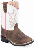 Old West Brown Bull Hide Print Foot White Shaft Toddler's Broad Square Toe Boots