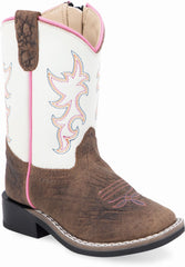 Old West Brown Bull Hide Print Foot White Shaft Toddler's Broad Square Toe Boots