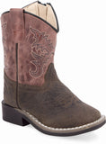 Old West Dark Brown Bull Hide Print Foot Light Pink Cactus Shaft Toddler's Broad Square Toe Boots