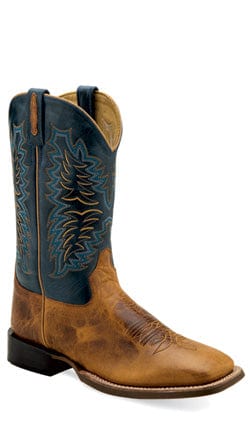 Old West Mens Broad Square Toe Burnt Brown/Navy Leather Cowboy Boots - Old West