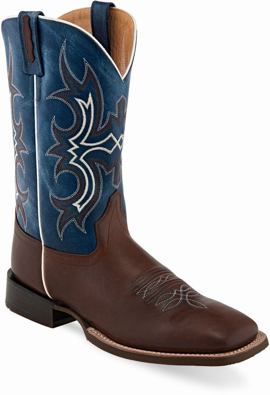 Old West Dark Brown Foot Wipe Out Blue Shaft Men's Broad Square Toe Boots - Old West