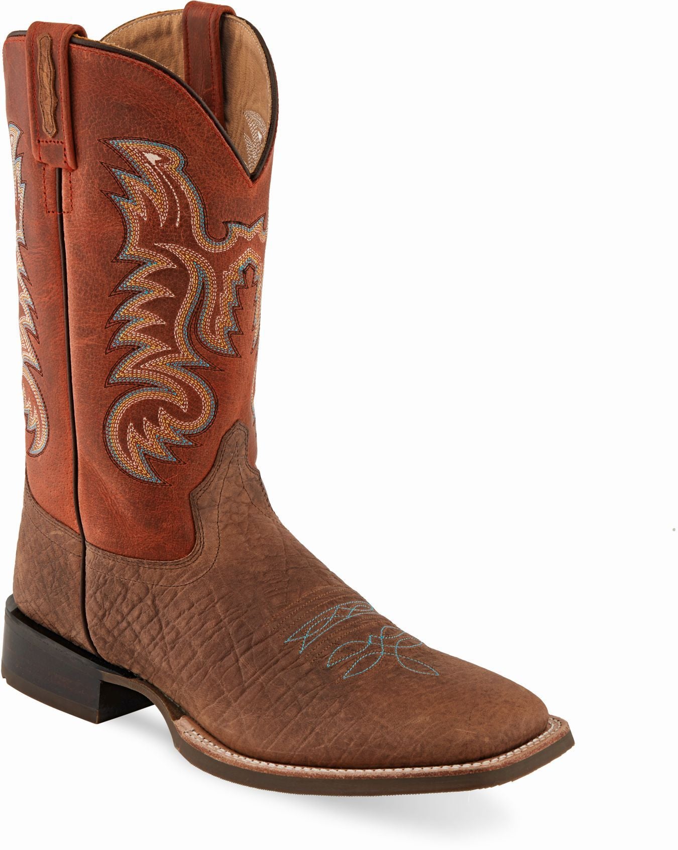 Old West Brown Bull Hide Print Foot Burnt Red Waxy Shaft Men's Broad Square Toe Boots - Old West